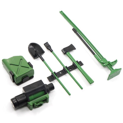 [#YA-0356GN] 1/10 RC Crawler Scale Accessory Tool Set Axes Digging Shovel Oil Tank High Jack Winch Pry Bar Green