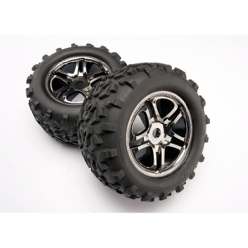 AX4983A Tires &amp; wheels, assembled, glued (SS (Split Spoke) black chrome wheels, Maxx® tires (6.3&quot; outer diameter), foam inserts) (2) (use with 17mm splined wheel hubs &amp; nuts, part #5353X) (fits Revo®/T-Maxx®/E-Maxx) (TSM rated)